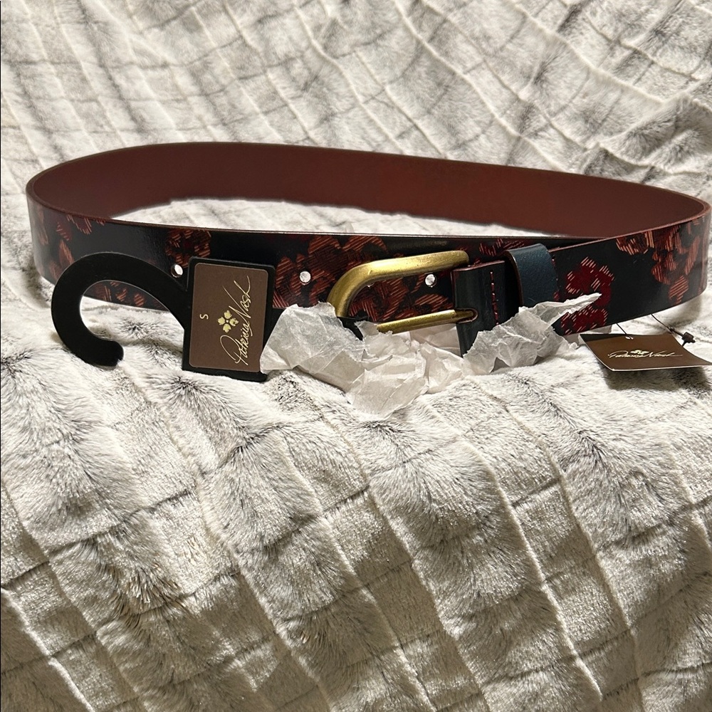 Patricia Nash Floral Printed Leather Belt in Green and Brown with Gold Buckle